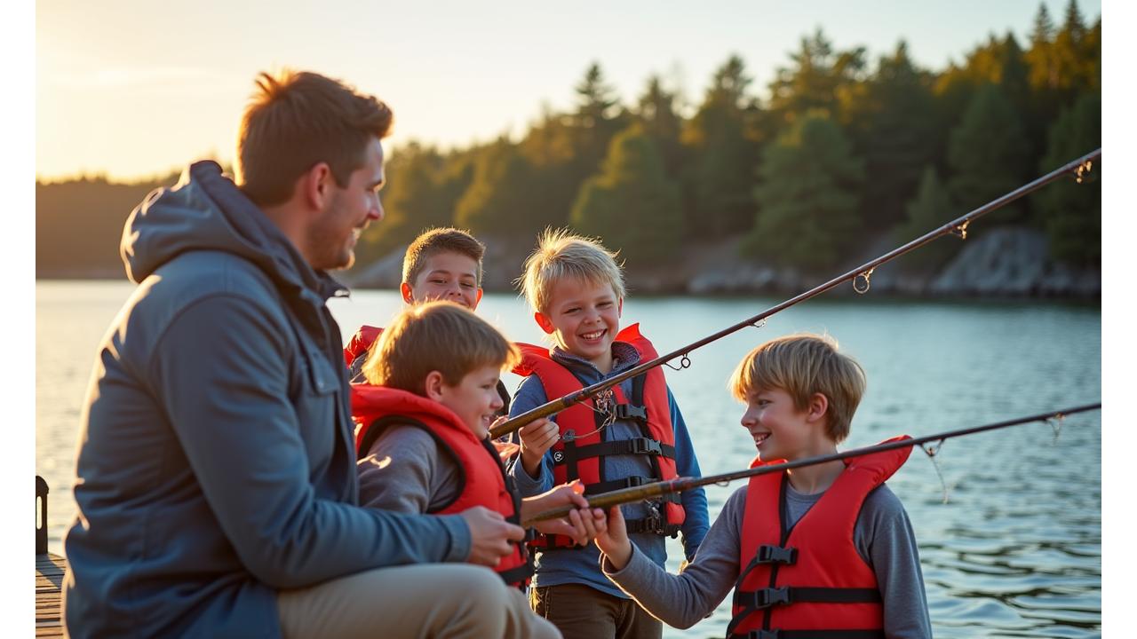 A group of smiling children and teenagers, guided by an adult, learning to cast fishing lines from a dock in a calm Nova Scotia bay, with fishing rods and safety vests visible.