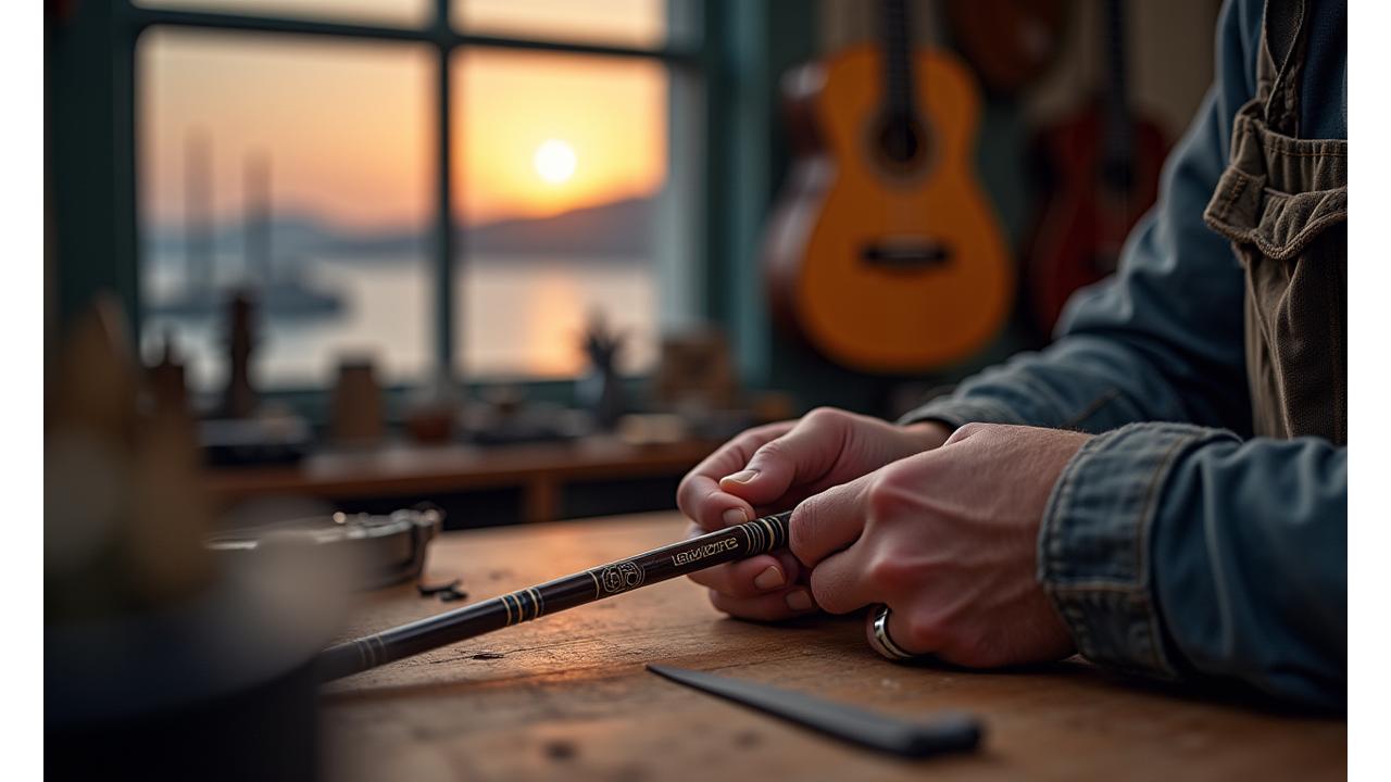 Founder, John Maxwell, intricately crafting a fishing rod with musical notes subtly integrated into the design, a classic acoustic guitar visible in the background workshop, warm lighting from a window overlooking Halifax Harbour.