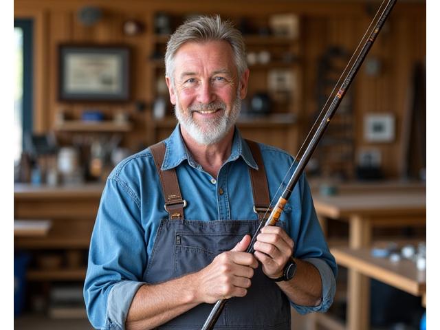 John Maxwell, founder of Reel Riff Gear, holding a custom fishing rod with a subtle musical note inlay, smiling in a well-lit workshop.