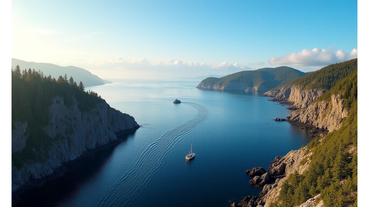 A serene panoramic view of the Halifax coastline, with a fishing boat gently cruising near the shore under a clear blue sky, emphasizing the natural beauty Reel Riff Gear is committed to preserving.