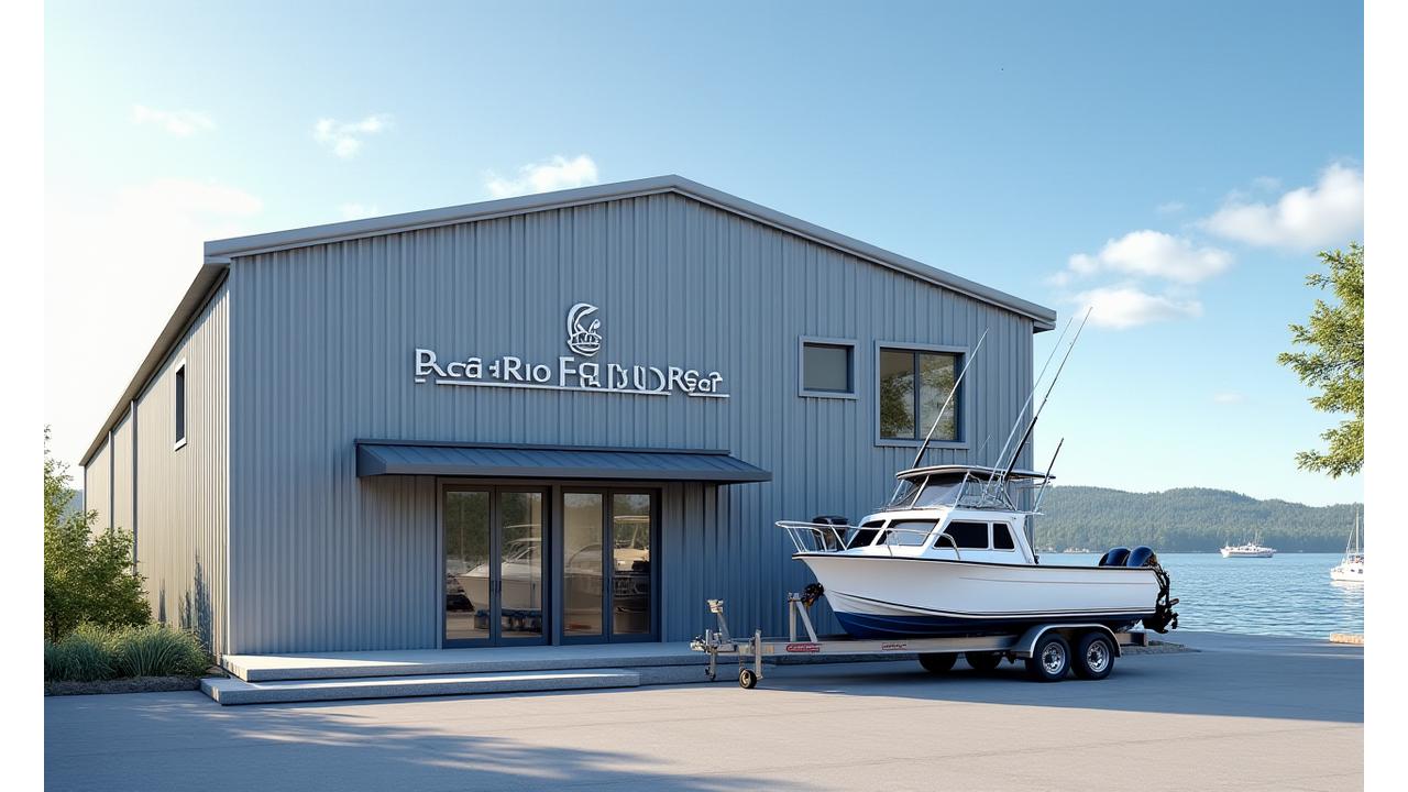 The exterior of the Reel Riff Gear workshop, a modern industrial building with large windows, near the Halifax harbour, with a subtle 'Reel Riff Gear' sign, reflecting the coastal environment.