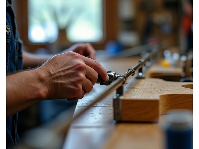 A brightly lit workshop interior, showcasing a craftsman's hands carefully wrapping guide rings onto a custom fishing rod, with various tools and spools of thread neatly organized on a wooden workbench.