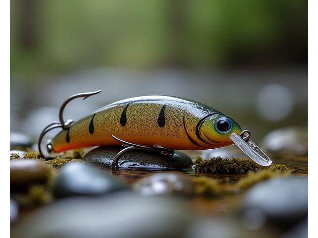 A 'River Rocker' lure, with a natural wood grain finish and subtle earth tones, designed to mimic small river fish for trout and salmon.
