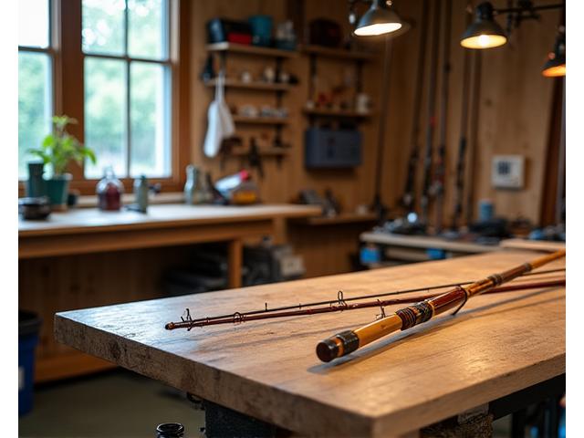 Interior of Reel Riff Gear workshop, showcasing custom fishing rods and a workbench with tools