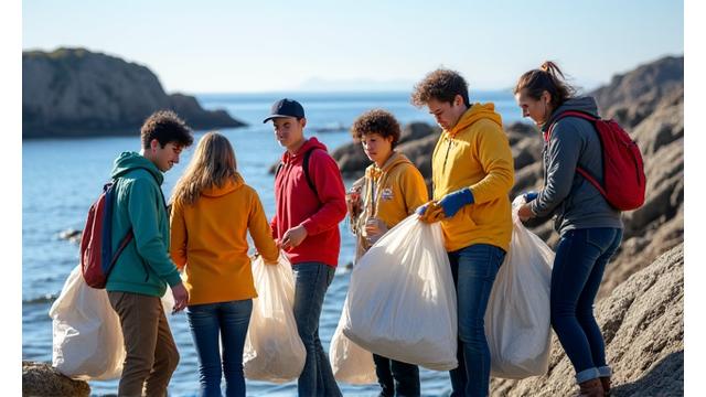 Volunteers cleaning a Nova Scotian coastline, removing marine debris
