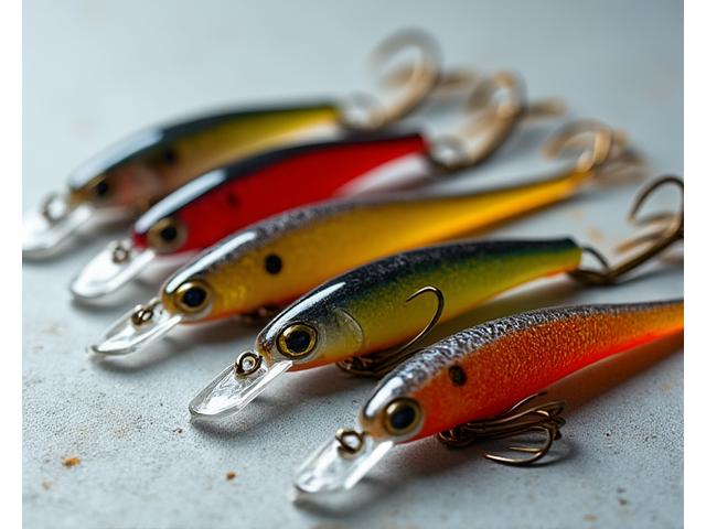 A collection of restored artisanal fishing lures, gleaming with new paint and polished hooks, before-and-after comparison.