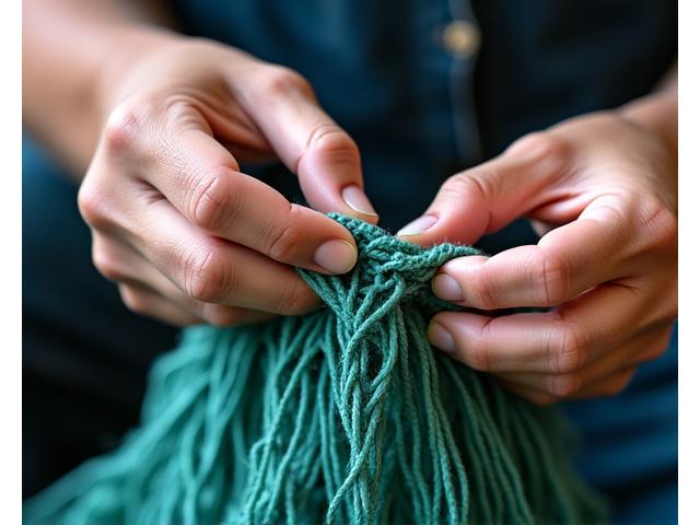 A torn fishing net being meticulously rewoven by hand with new durable mesh, demonstrating skilled repair.