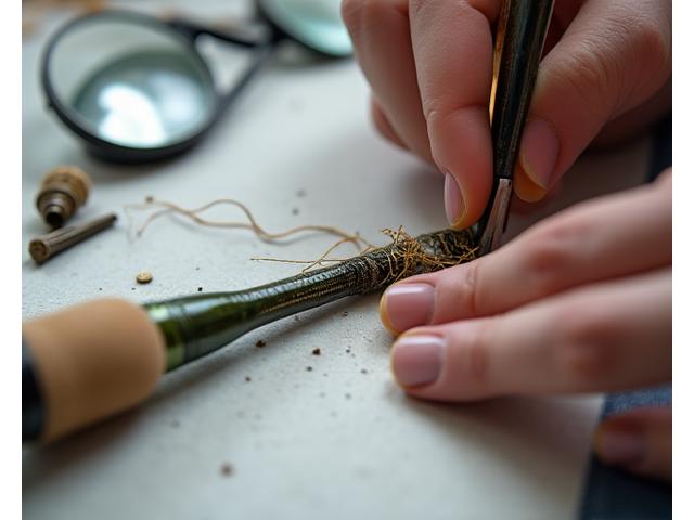 Close-up of skilled hands replacing a guide on a custom fishing rod, showing fine thread wrapping and epoxy application.