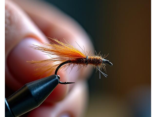 Close-up of an experienced hand meticulously tying a small, intricate fly fishing lure with colorful feathers and thread, highlighting fine motor skills.