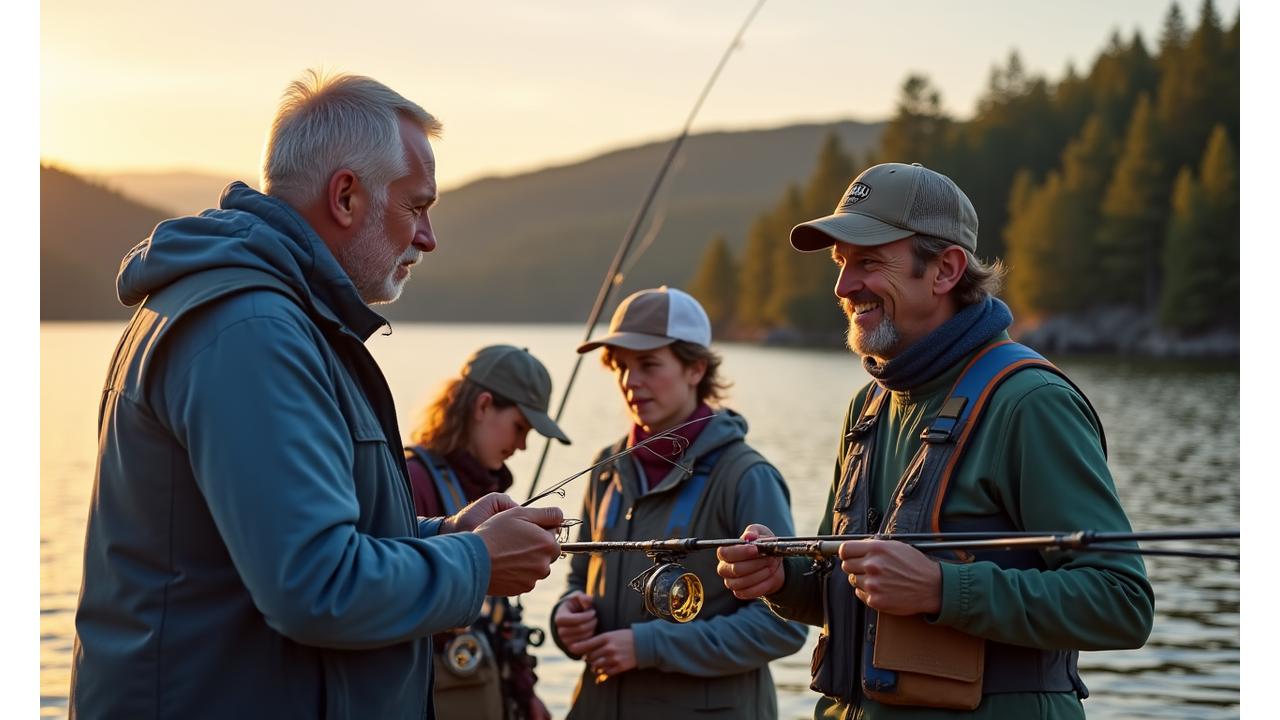 Panoramic view of a group of enthusiastic anglers learning fishing techniques on a calm Nova Scotia lake during golden hour, with an instructor guiding them.