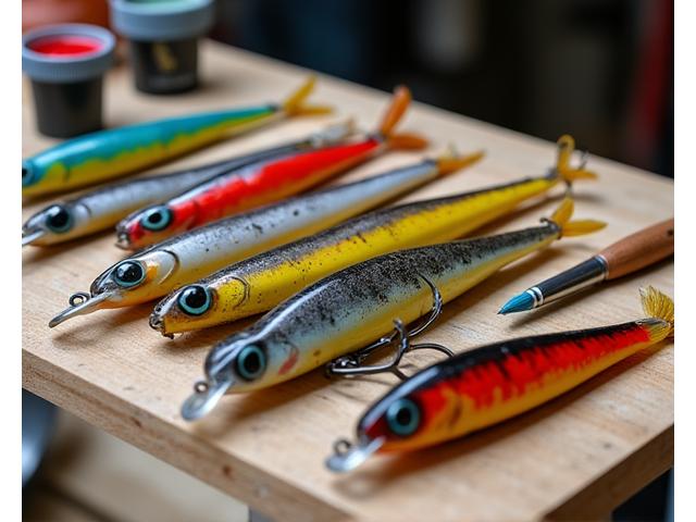 Colorful, finely detailed artisanal fishing lures displayed on a workbench with carving tools and paintbrushes, ready for crafting.