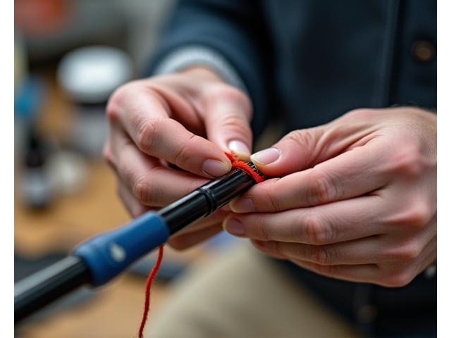 Close-up of hands carefully wrapping thread around a fishing rod blank in a workshop setting, demonstrating rod building.
