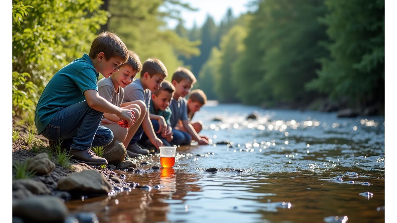 A group of enthusiastic children engaged in a hands-on activity, testing water quality with a field kit by a clear stream, led by an instructor.