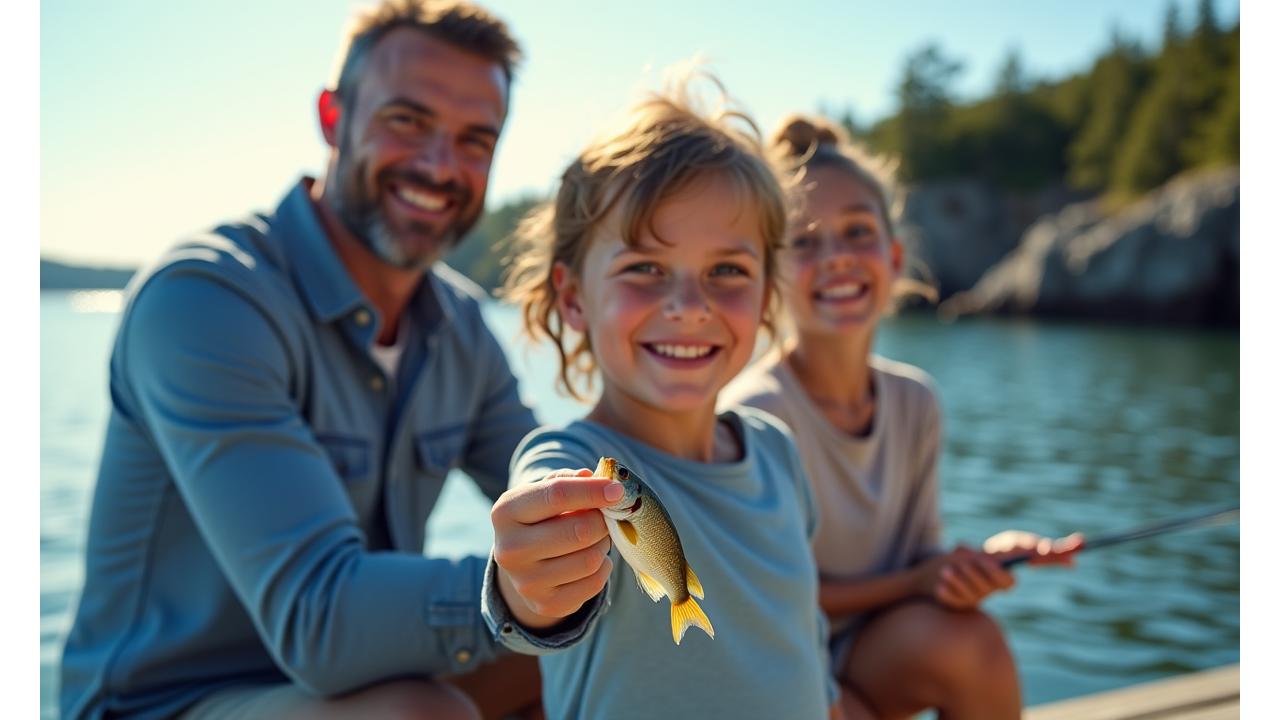A happy family fishing together on a sunny day in Halifax, Nova Scotia, with a child proudly showing a small fish to their smiling parent.