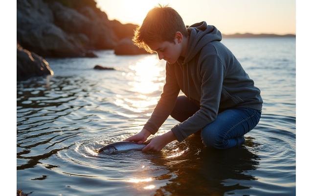 A teenager thoughtfully releasing a fish back into the water, demonstrating proper catch-and-release techniques with a backdrop of a serene Nova Scotia coastline.