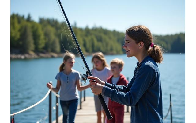 A confident older teenager or young adult teaching younger children how to cast, embodying a mentorship role in a fishing setting.