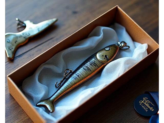 A beautifully packaged gift set featuring an acoustic guitar-shaped fishing lure, a rod handle with musical notes, and a small, elegant gift box.