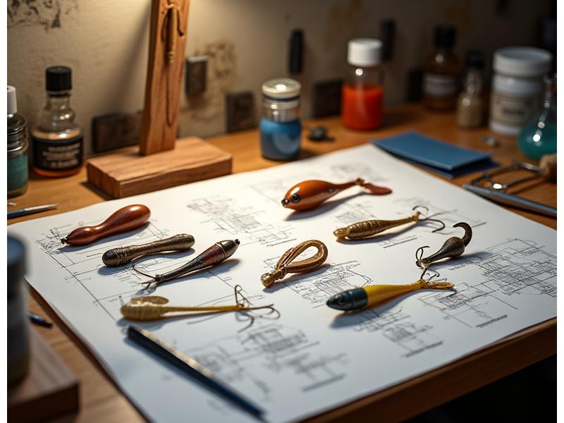 A detailed workbench displaying custom fishing lures shaped like miniature instruments, with design sketches and customization tools.