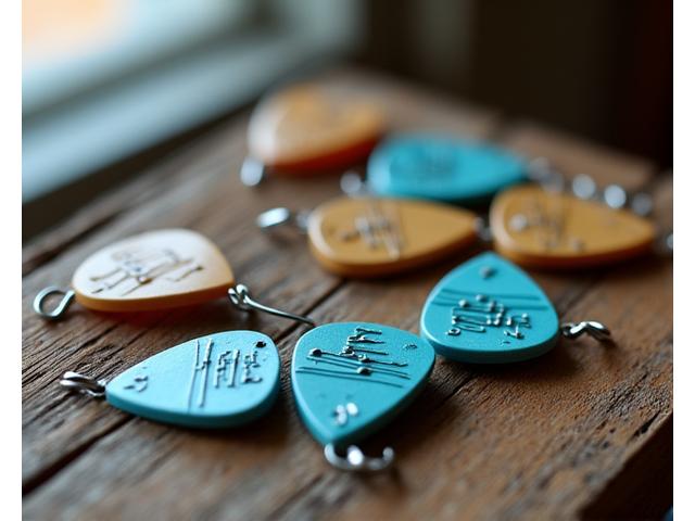 Close-up of fishing lures shaped like guitar picks with engraved detailing and a musical note pattern.