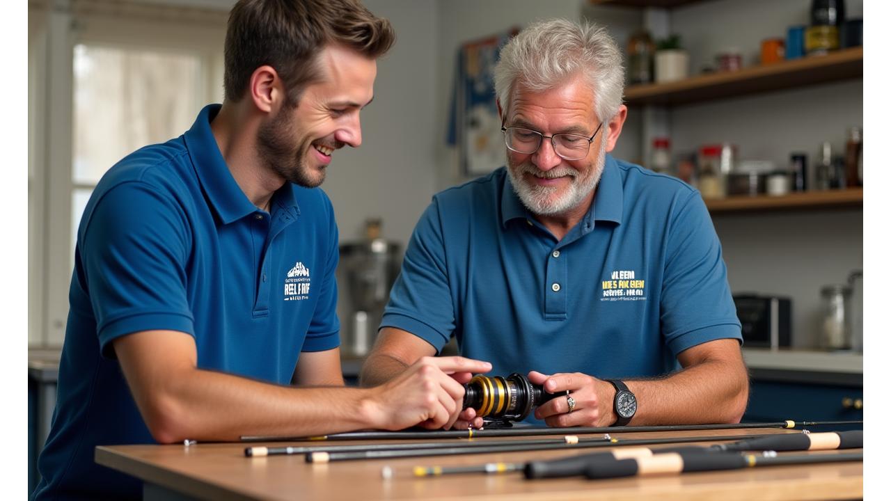 A Reel Riff Gear expert consults with an angler, discussing different fishing rods and reels laid out on a workbench, providing personalized advice and setup. 