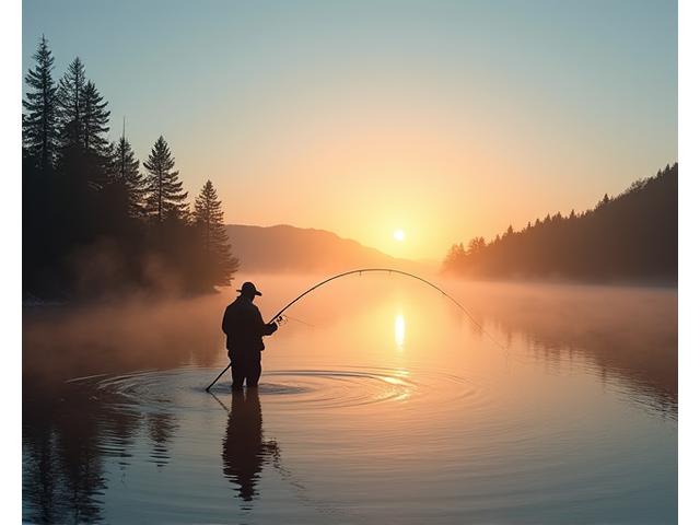 A fly fisherman casting elegantly on a serene river at sunrise, with a high-quality fly rod bent in action and a beautifully tied fly visible.