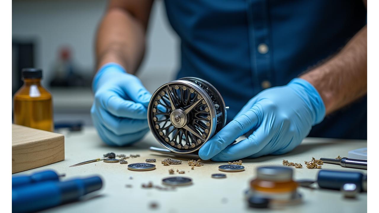 A Reel Riff Gear technician meticulously cleaning and maintaining a premium fishing reel on a clean workbench, with specialized tools and lubricants visible.
