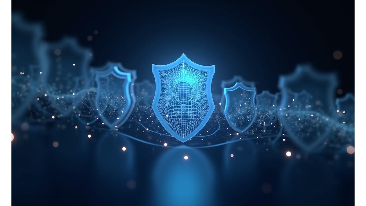 Abstract depiction of layered digital security shields protecting data, with a subtle wave pattern in the background