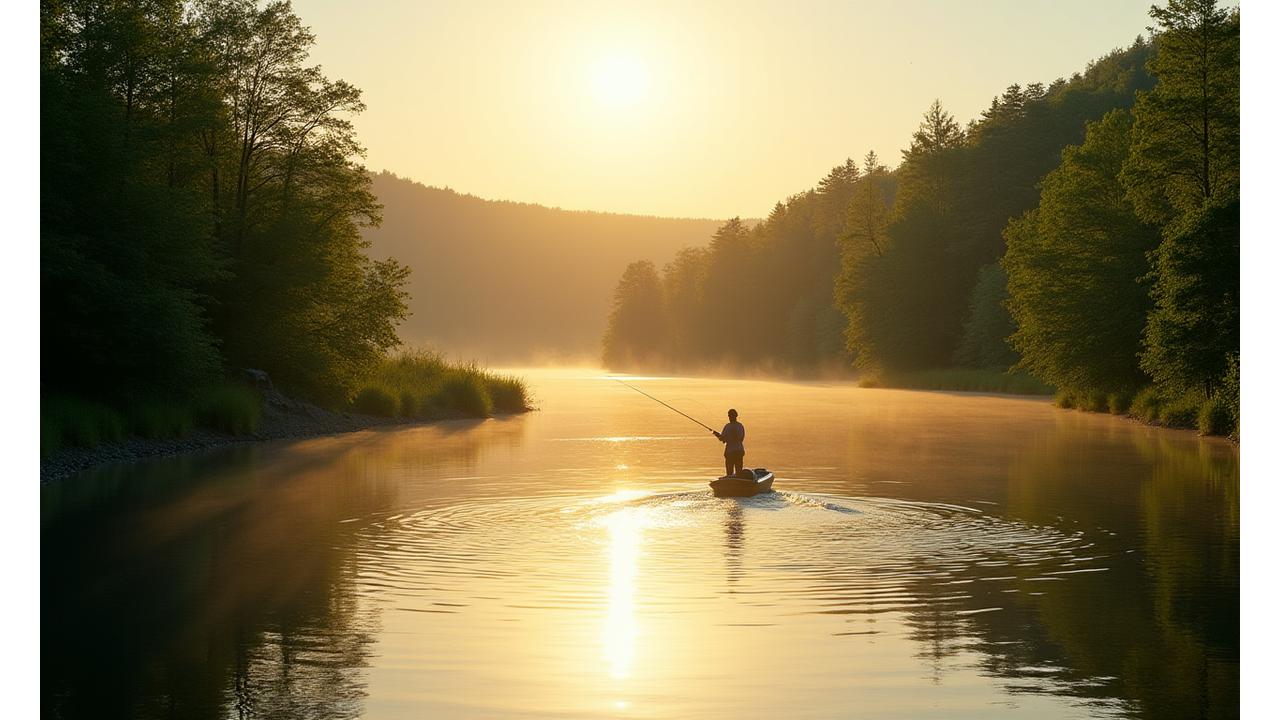 Serene Nova Scotia river with a fly fisherman casting, surrounded by lush forest and clear water.
