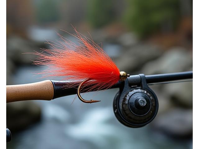 A sturdy salmon fishing rod and a large, intricate fly lure, designed for powerful river fish.